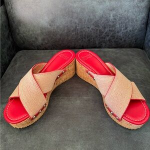 Donald J. Pliner Red Footbed Tan Crisscross Wedge Sandals size 8 Cottagecore